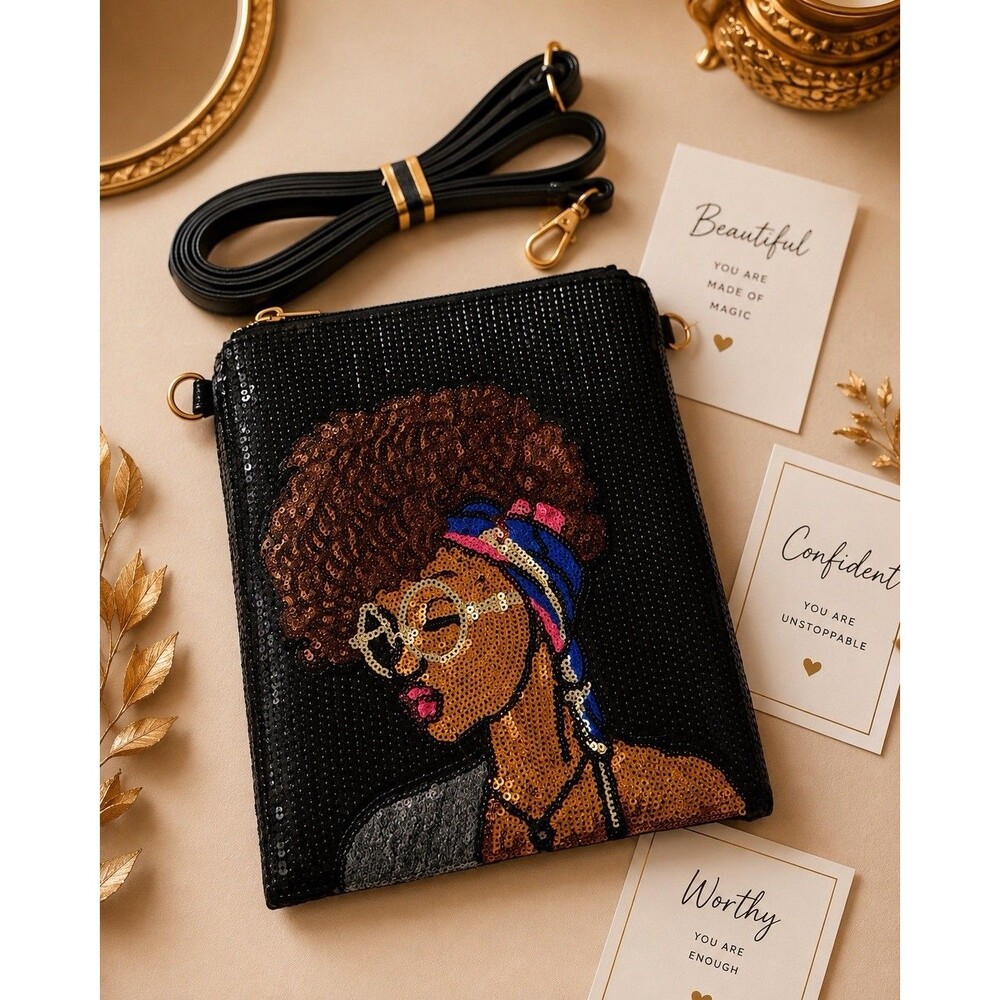 UNNI Black Sequin Crossbody Bag Natural Hair Woman Purse Gold Accent Bag - Picture 4 of 10